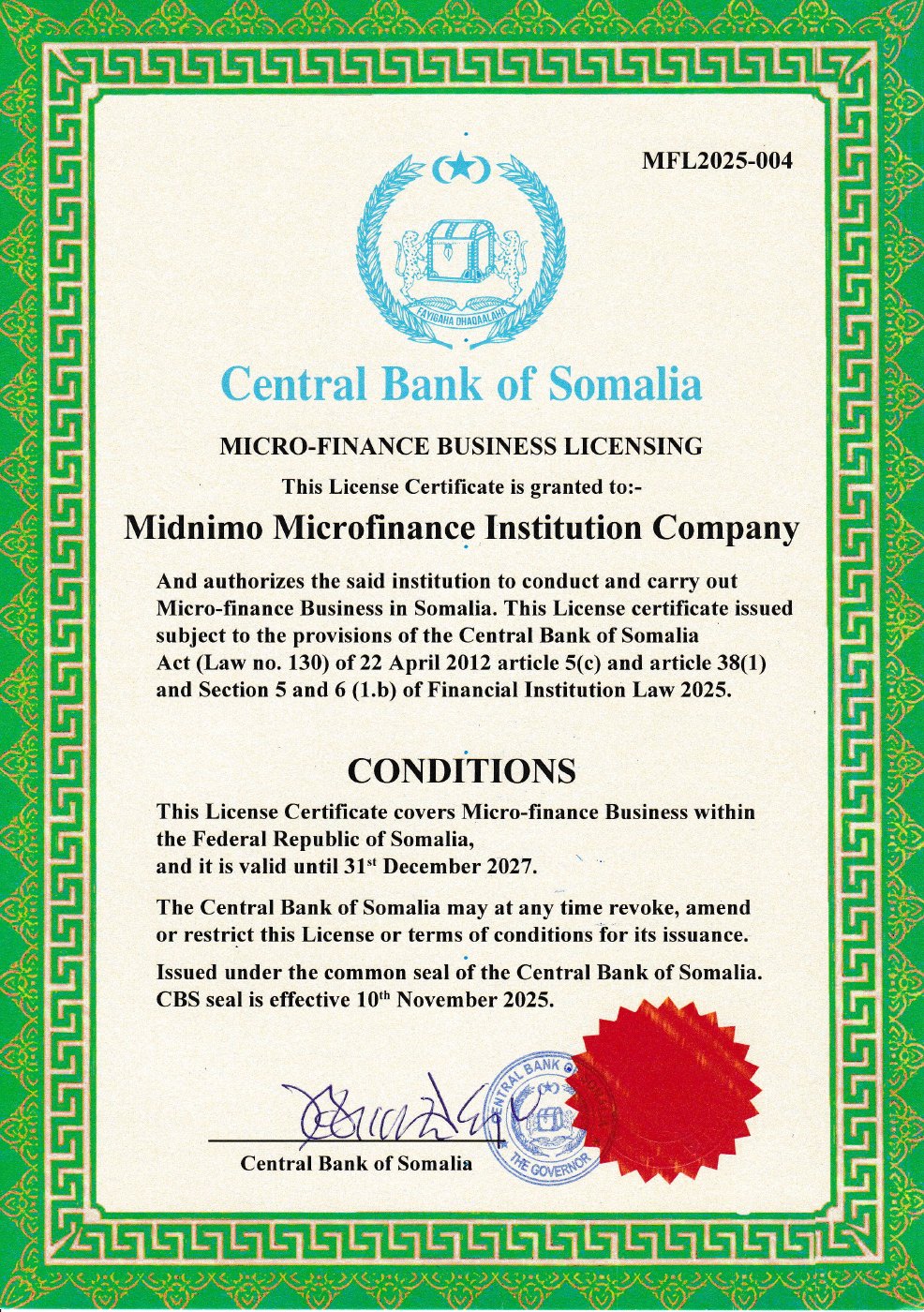 Central Bank of Somalia microfinance business license MFL2025-004 issued to Midnimo Microfinance Institution Company